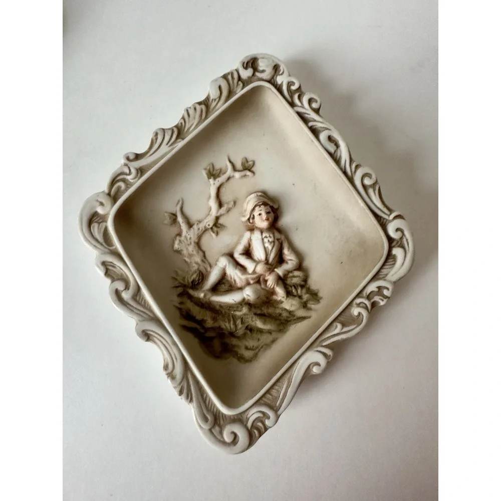 Vintage Lefton China Pair of Hand Painted Bisque Wall Plaques Boy Girl 1950's